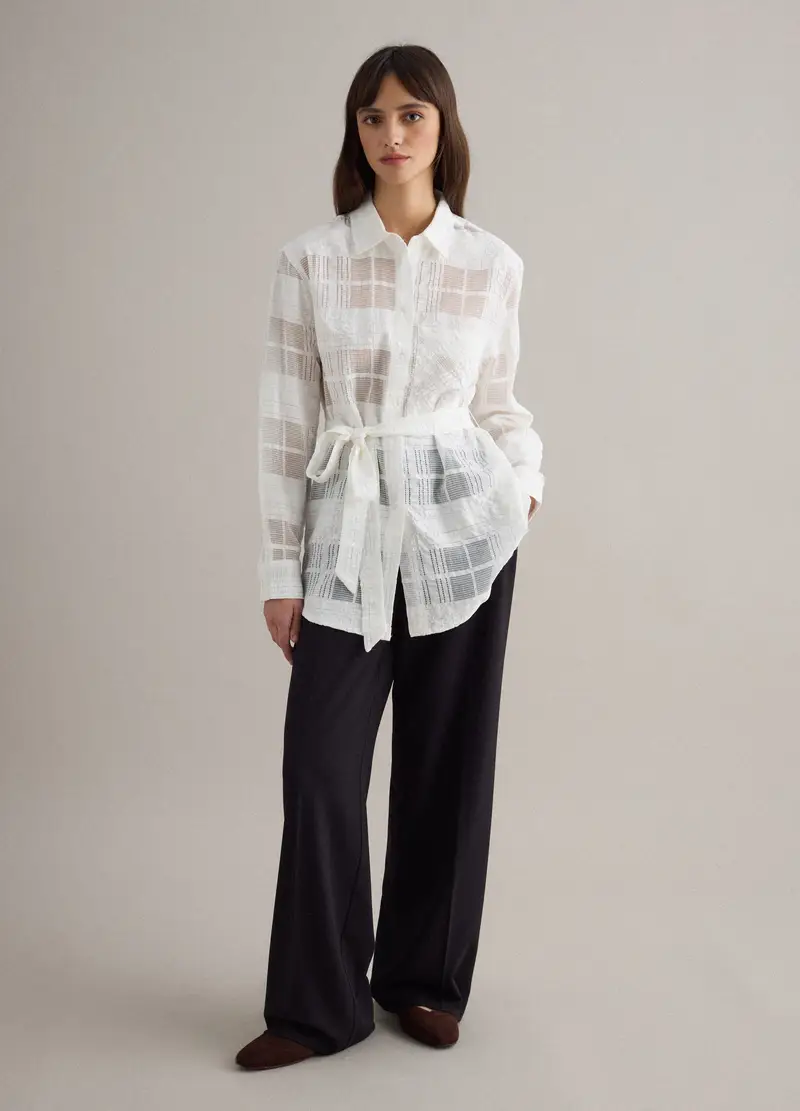 Camicia In Misto Viscosa Bianca Oversize Fit A Quadri Semi-trasparente, Donna, Bianco miniatura 2