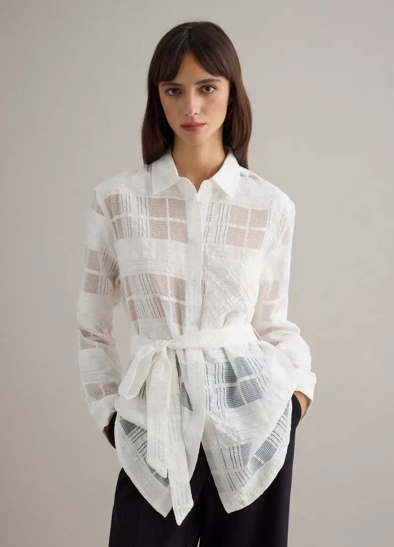 Camicia In Misto Viscosa Bianca Oversize Fit A Quadri Semi-trasparente, Donna, Bianco