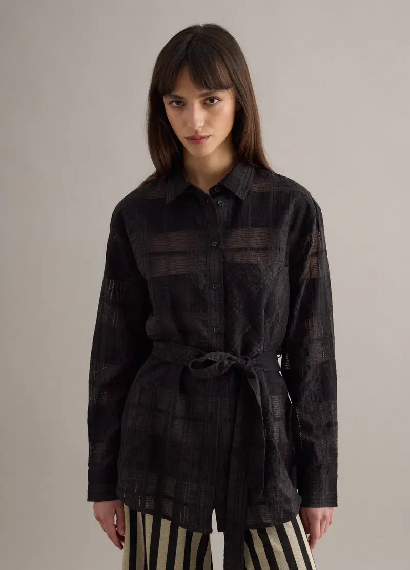 Camicia In Misto Viscosa Nera Oversize Fit A Quadri Semi-trasparente, Donna, Nero miniatura 3