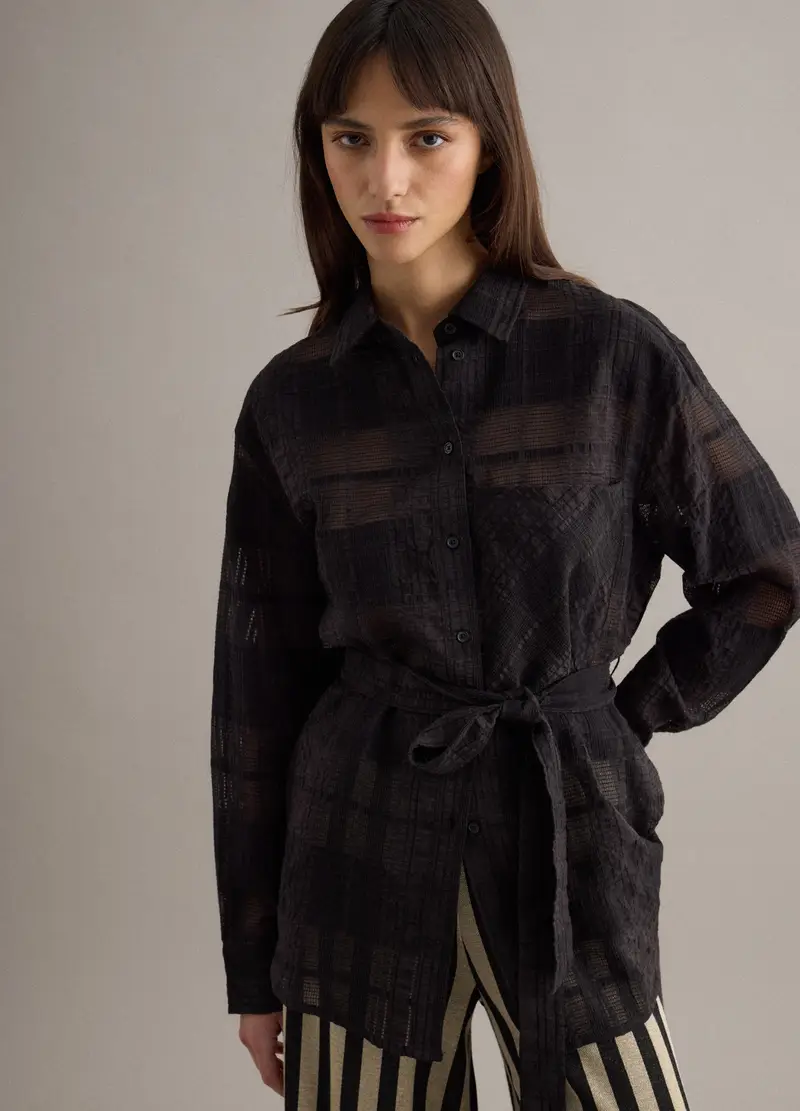 Camicia In Misto Viscosa Nera Oversize Fit A Quadri Semi-trasparente, Donna, Nero