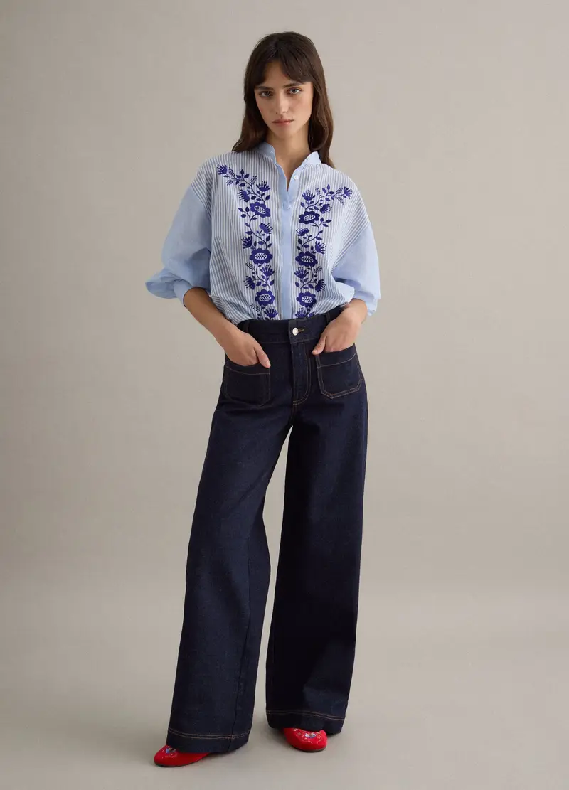 Camicia In Puro Cotone A Righe Multicolor Regular Fit Con Fiori, Donna, Multicolor miniatura 2