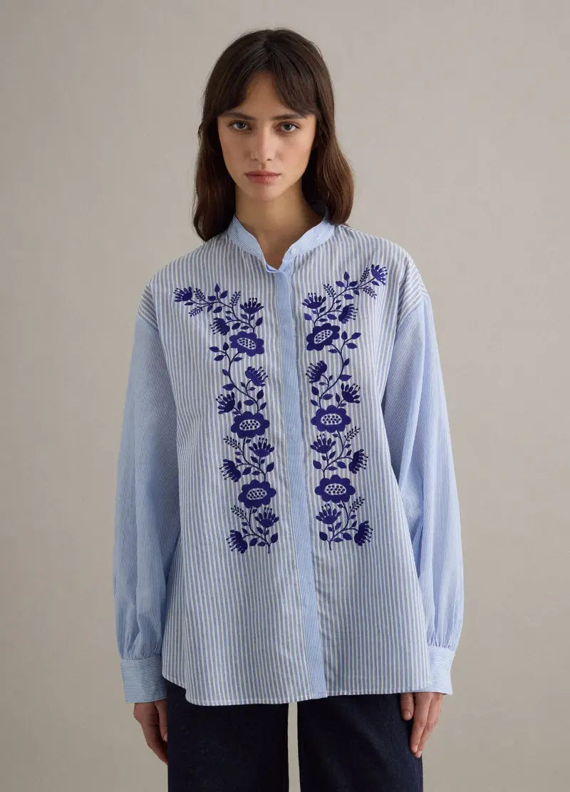 Camicia In Puro Cotone A Righe Multicolor Regular Fit Con Fiori, Donna, Multicolor miniatura 3