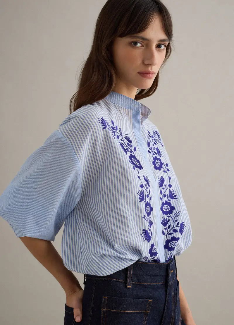 Camicia In Puro Cotone A Righe Multicolor Regular Fit Con Fiori, Donna, Multicolor