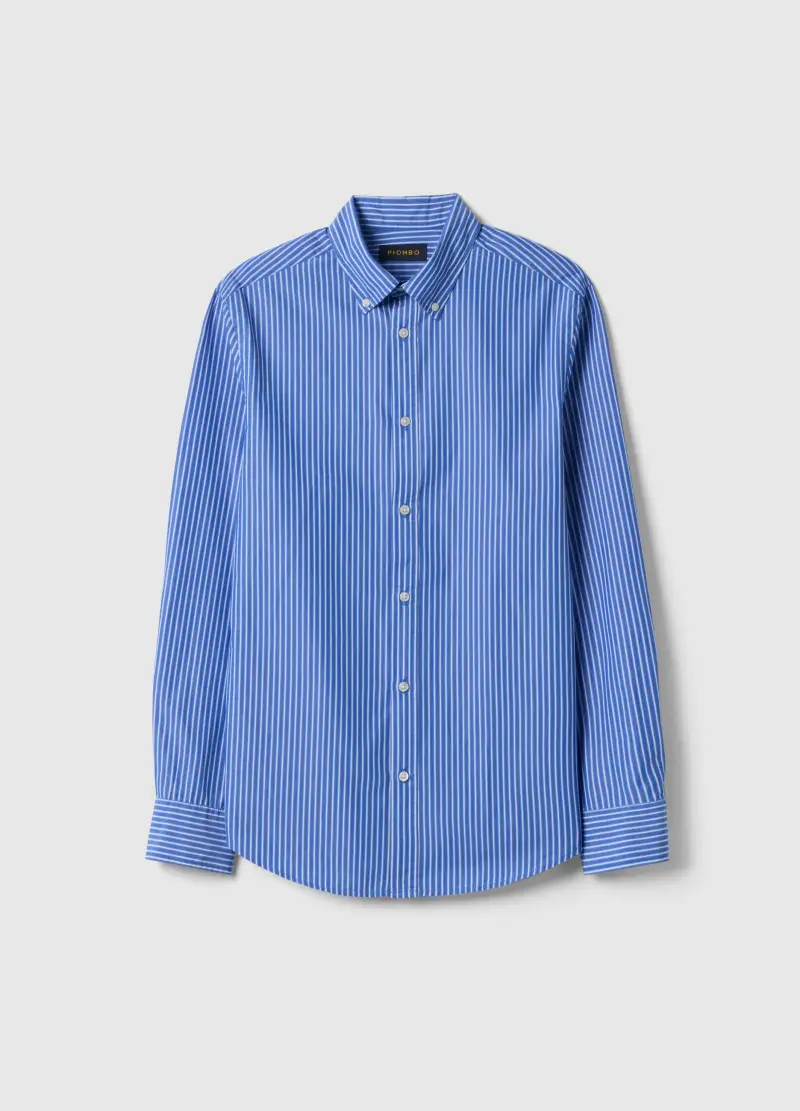 Piombo Camicia Uomo A Righe Blu e Bianco in Puro Cotone
