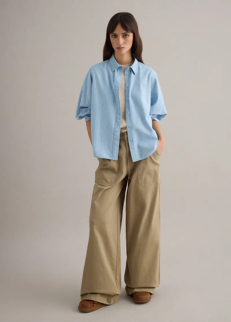 Camicia In Puro Cotone Azzurra A Righe Regular Fit, Donna, Azzurro miniatura 2