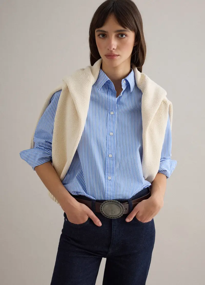 Camicia In Puro Cotone Azzurra A Righe Regular Fit, Donna, Multicolor