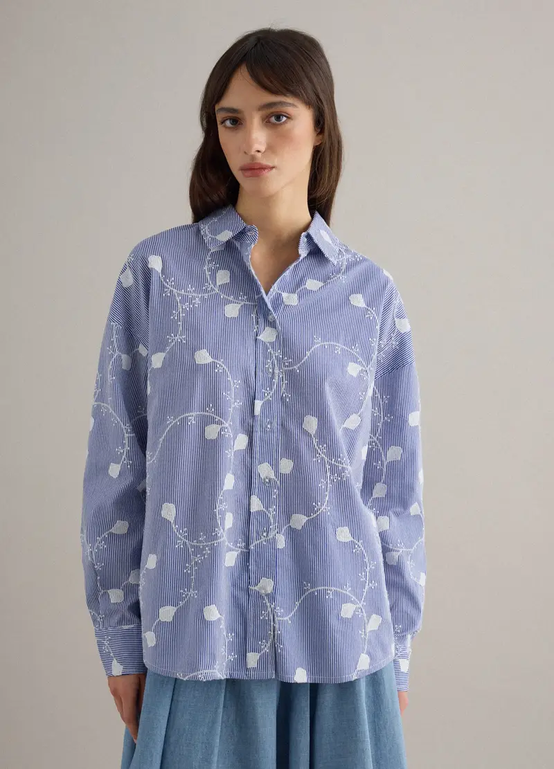 Camicia In Puro Cotone Azzurra Regular Fit Con Motivo Floreale, Donna, Azzurro miniatura 3