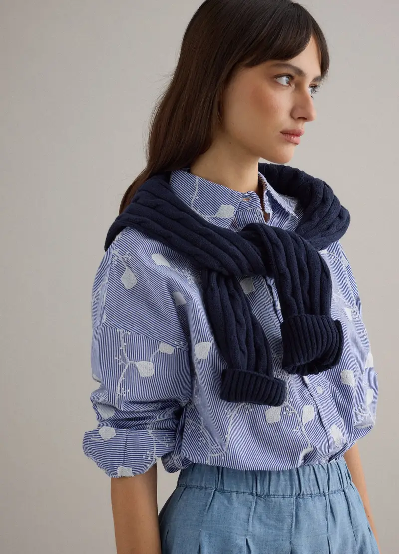 Camicia In Puro Cotone Azzurra Regular Fit Con Motivo Floreale, Donna, Azzurro