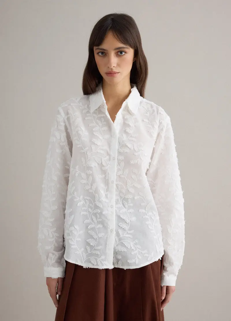 Camicia In Puro Cotone Bianca Oversize Fit Con Ricami Floreali, Donna, Bianco miniatura 3