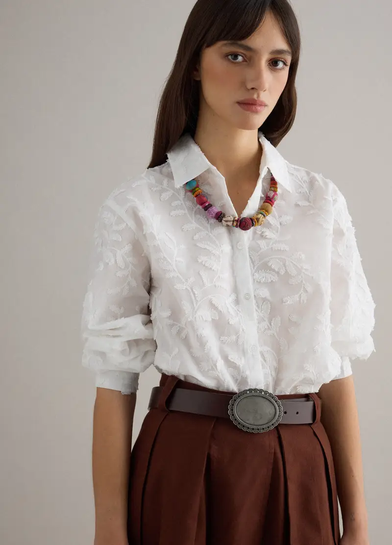 Camicia In Puro Cotone Bianca Oversize Fit Con Ricami Floreali, Donna, Bianco