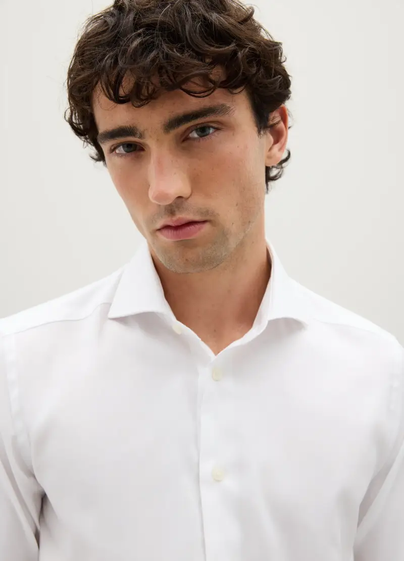 Camicia In Puro Cotone Bianca Slim Fit, Uomo, Bianco miniatura 3