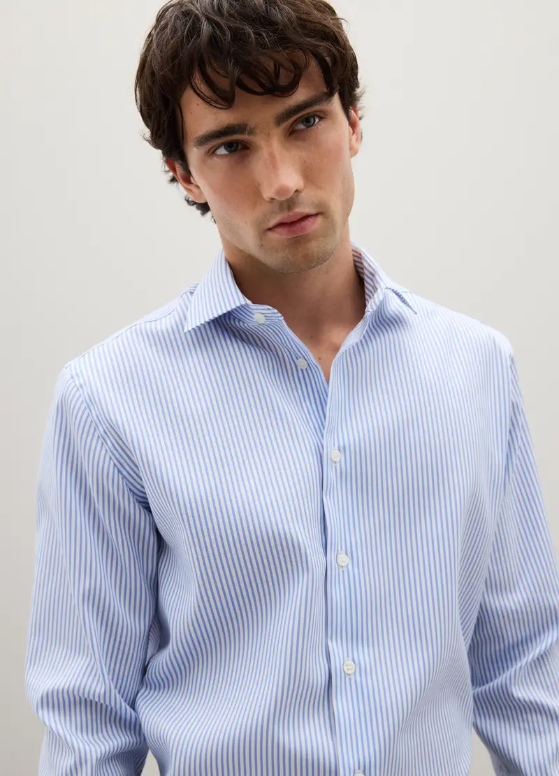 Camicia In Puro Cotone Blu A Righe Regular Fit, Uomo, Multicolor