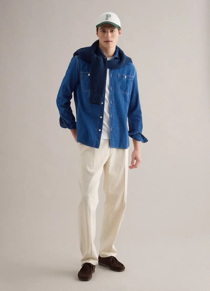 Camicia In Puro Cotone Denim Blu Regular Fit Con Tasche, Uomo, Blu miniatura 2