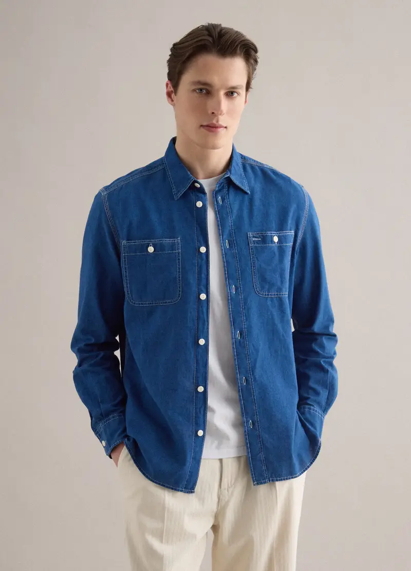 Camicia In Puro Cotone Denim Blu Regular Fit Con Tasche, Uomo, Blu miniatura 3