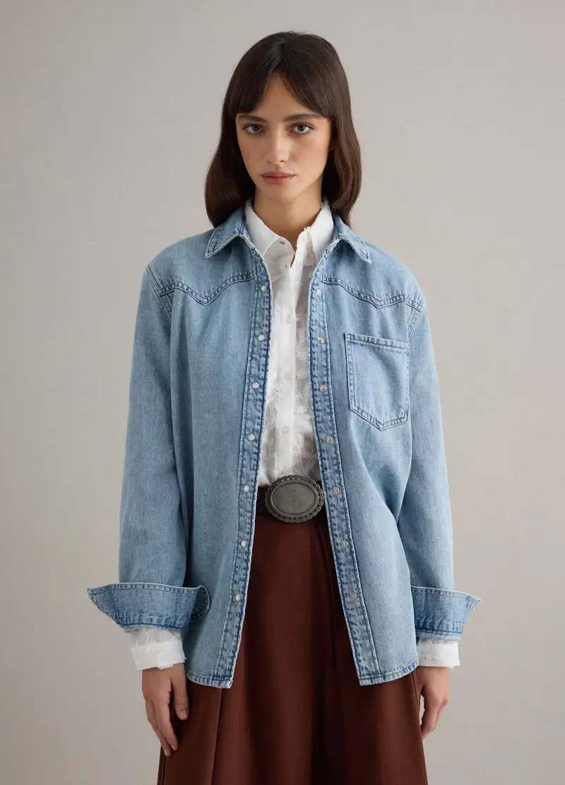 Camicia In Puro Cotone Denim Blu Regular Fit, Donna, Denim miniatura 3