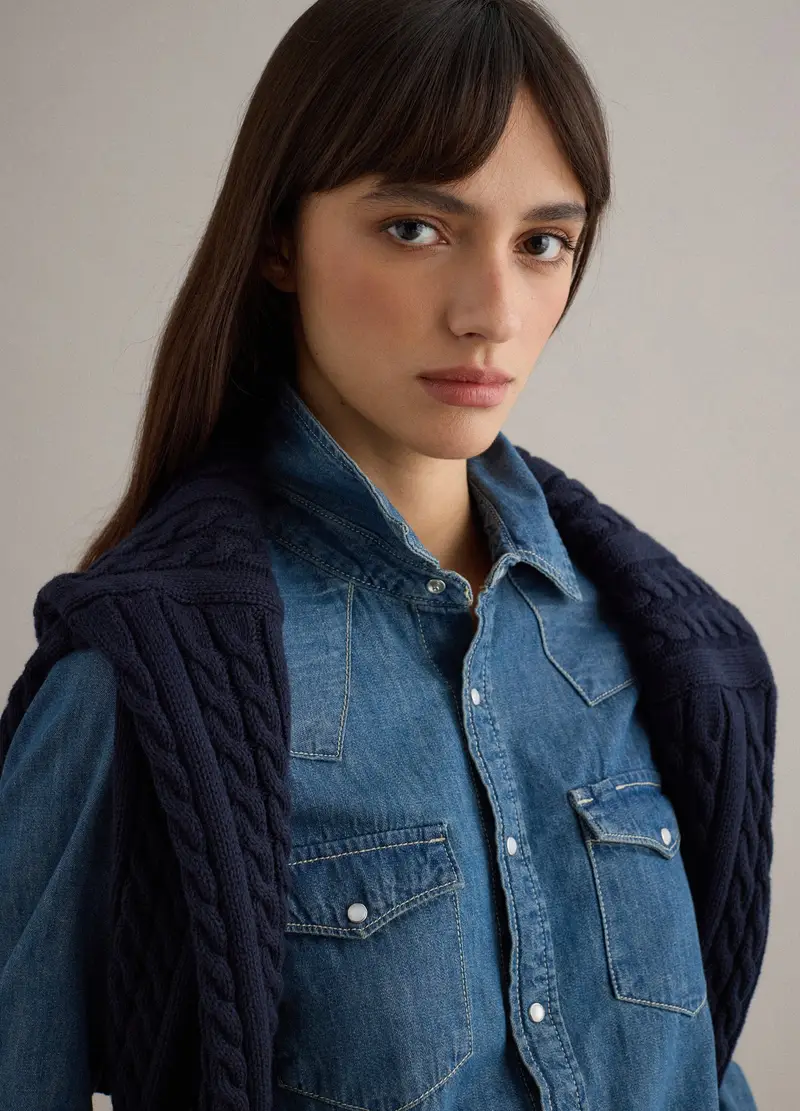 Camicia In Puro Cotone Denim Blu Regular Fit, Donna, Denim miniatura 2