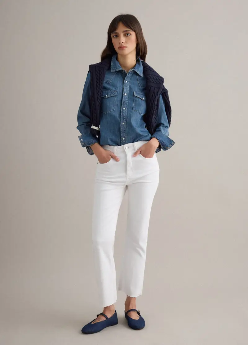 Camicia In Puro Cotone Denim Blu Regular Fit, Donna, Denim miniatura 3