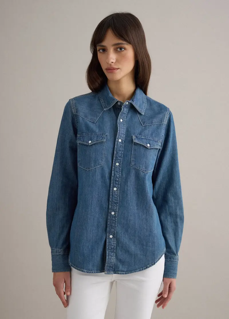 Camicia In Puro Cotone Denim Blu Regular Fit, Donna, Denim