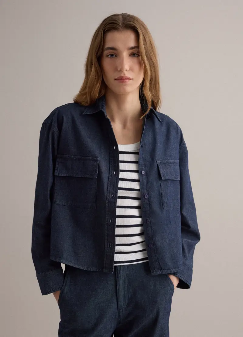 Camicia In Puro Cotone Denim Blu Regular Fit, Donna, Denim miniatura 3