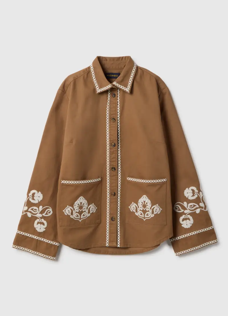Camicia In Puro Cotone Marrone Regular Fit Con Ricami A Contrasto, Donna, Marrone