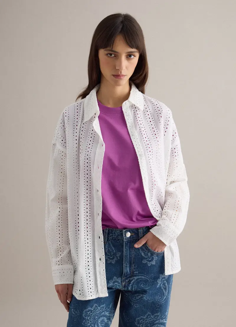 Camicia In Puro Cotone Sangallo Bianca Regular Fit Con Design Traforato, Donna, Bianco miniatura 3