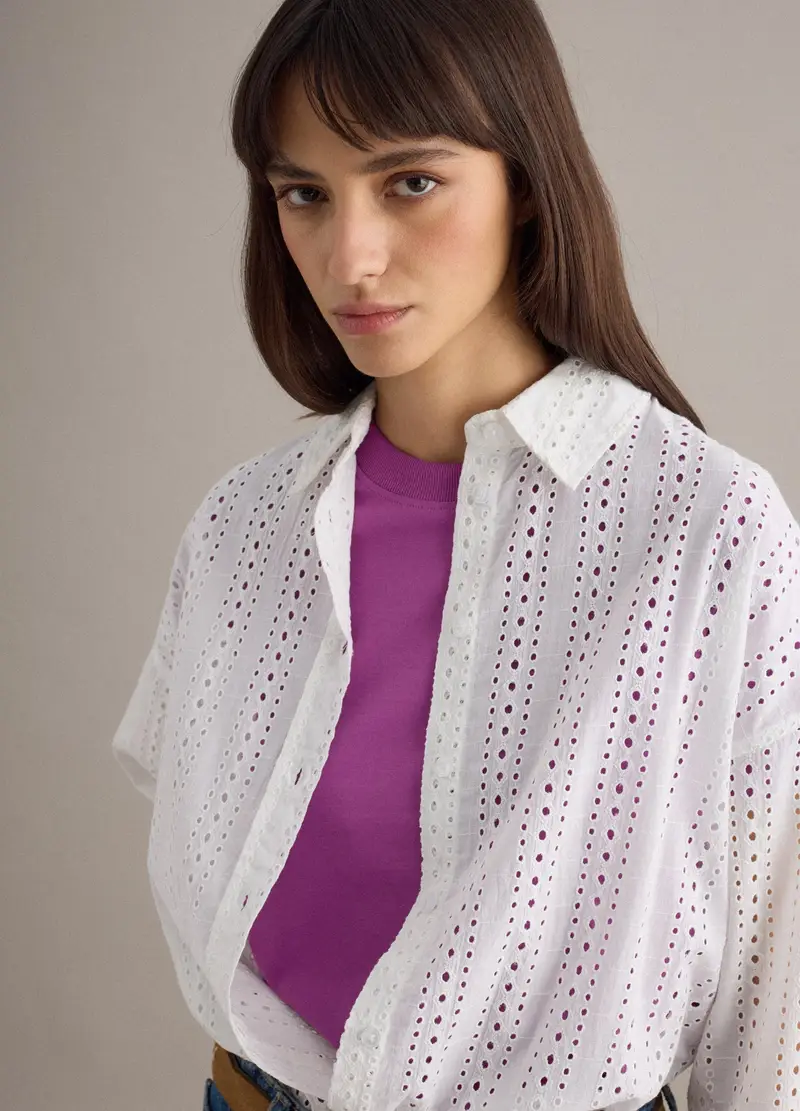 Camicia In Puro Cotone Sangallo Bianca Regular Fit Con Design Traforato, Donna, Bianco