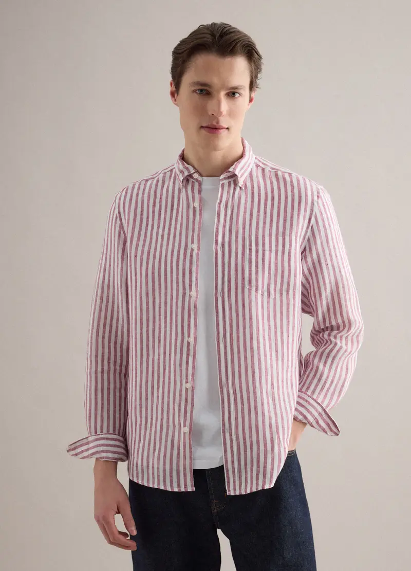 Camicia In Puro Lino A Righe Multicolor Regular Fit, Uomo, Multicolor miniatura 3