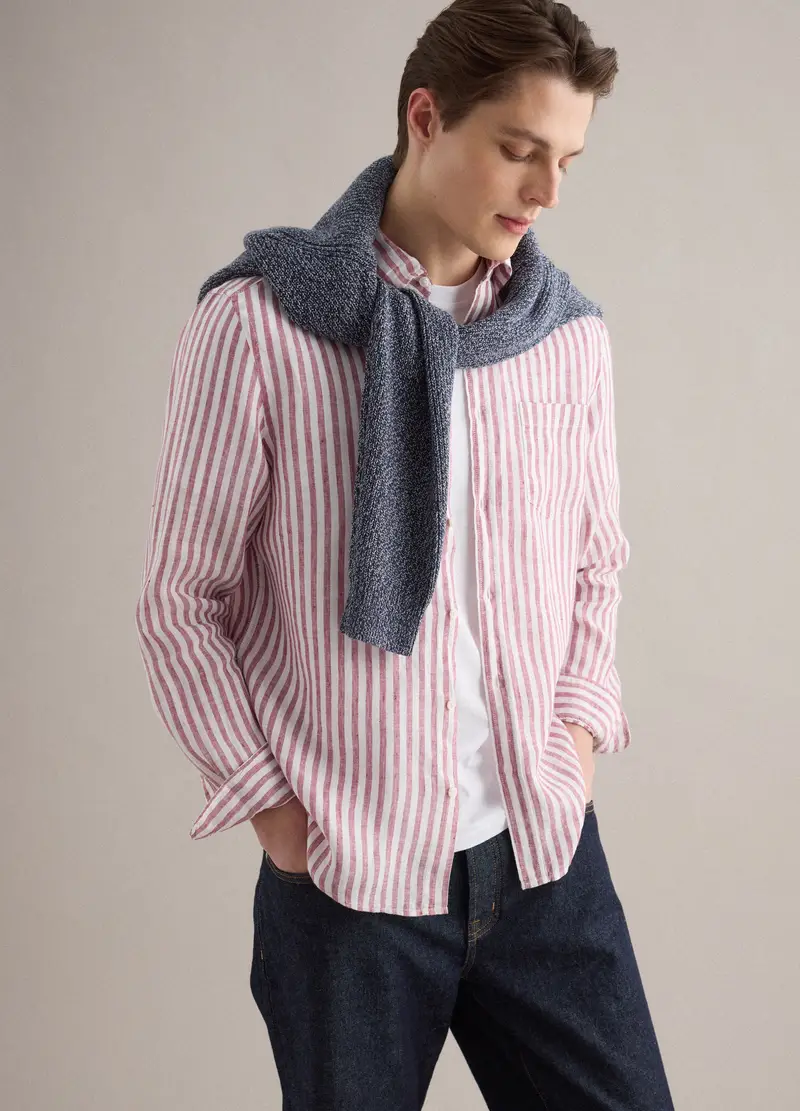 Camicia In Puro Lino A Righe Multicolor Regular Fit, Uomo, Multicolor