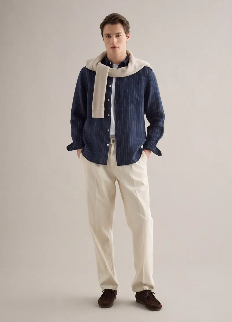 Camicia In Puro Lino Blu A Righe Regular Fit, Uomo, Blu miniatura 2