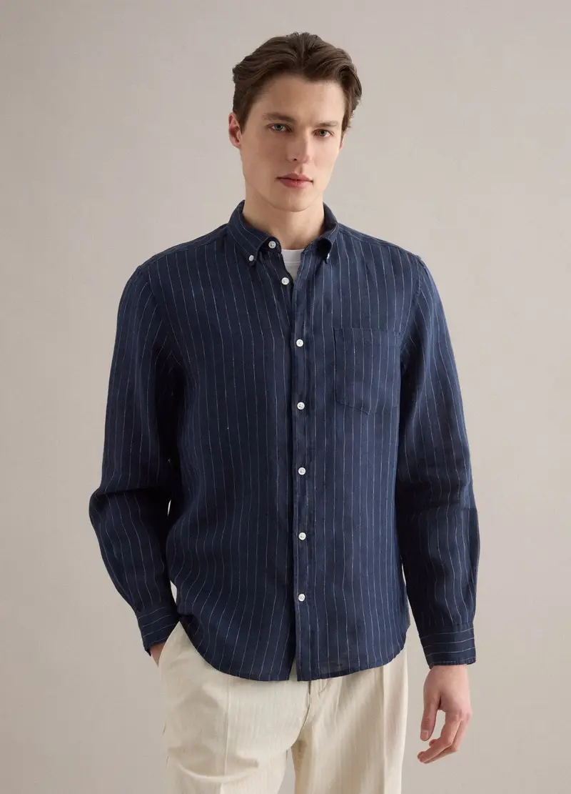 Camicia In Puro Lino Blu A Righe Regular Fit, Uomo, Blu miniatura 3