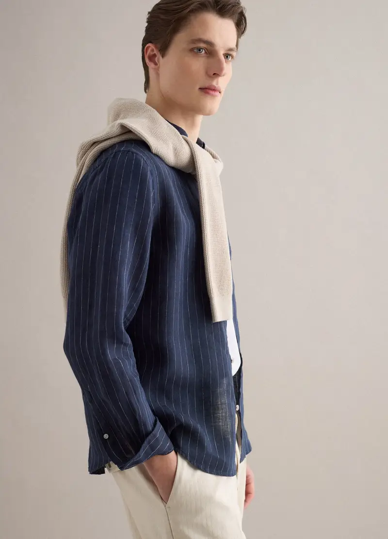 Camicia In Puro Lino Blu A Righe Regular Fit, Uomo, Blu