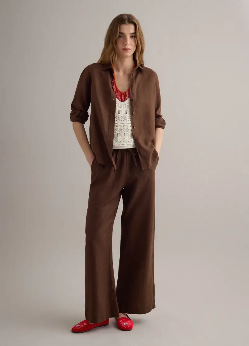 Camicia In Puro Lino Marrone Regular Fit, Donna, Marrone miniatura 2