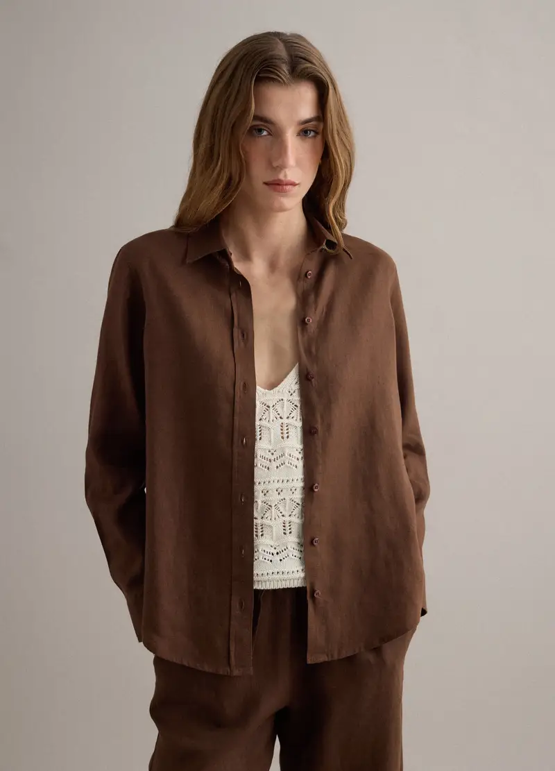 Camicia In Puro Lino Marrone Regular Fit, Donna, Marrone miniatura 3
