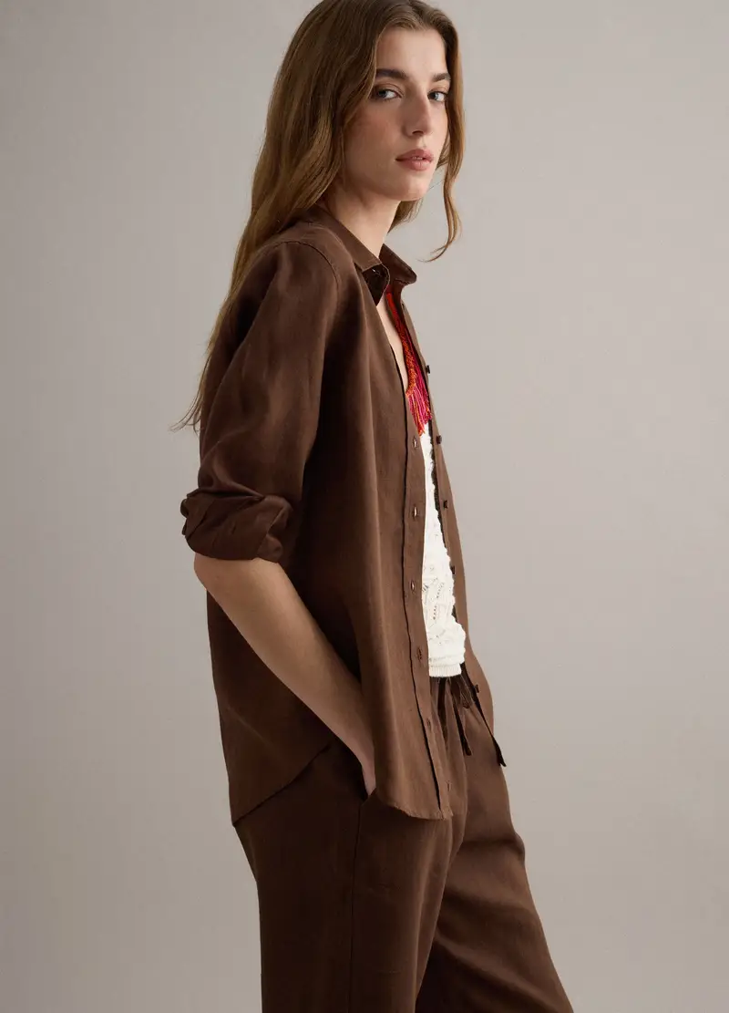 Camicia In Puro Lino Marrone Regular Fit, Donna, Marrone