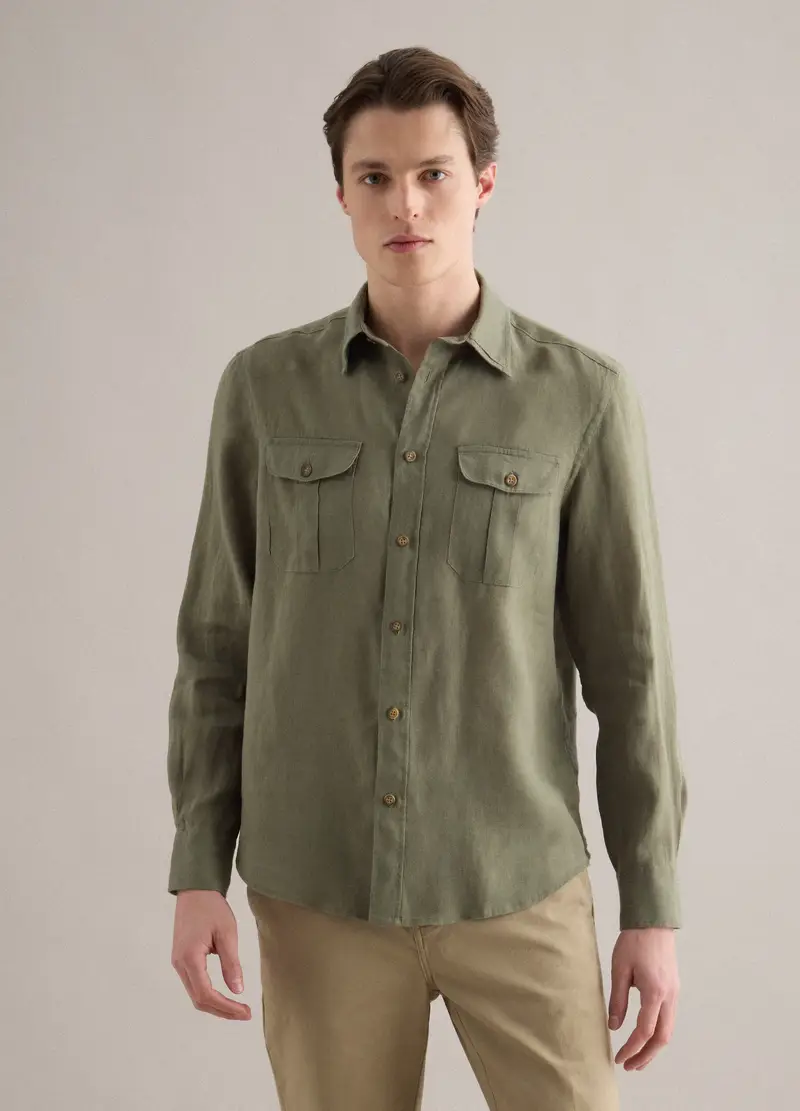 Camicia In Puro Lino Verde Regular Fit Con Tasche, Uomo, Verde miniatura 2