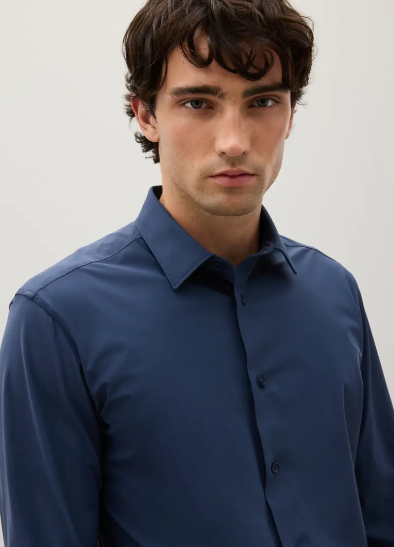 Camicia In Tessuto Elasticizzato Blu Slim Fit, Uomo, Blu miniatura 2