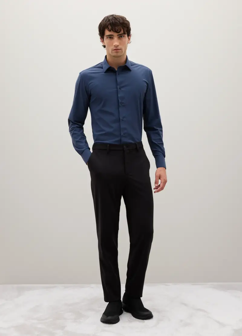 Camicia In Tessuto Elasticizzato Blu Slim Fit, Uomo, Blu miniatura 3