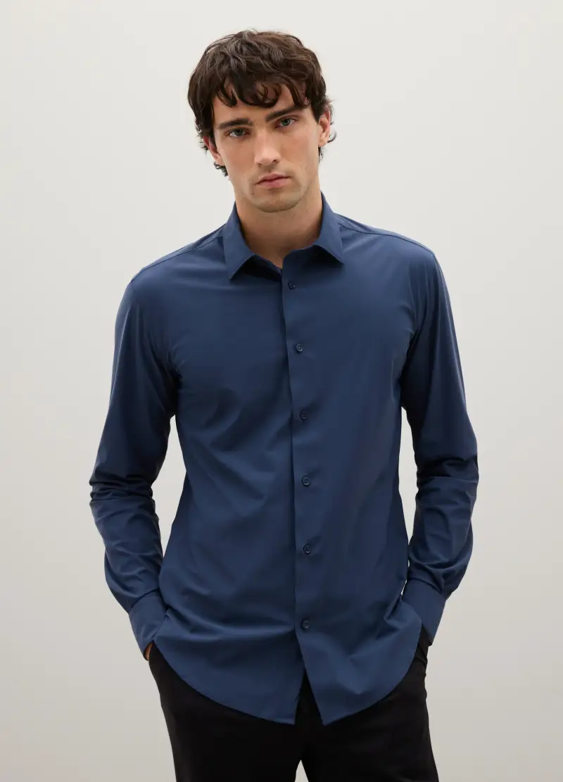 Camicia In Tessuto Elasticizzato Blu Slim Fit, Uomo, Blu