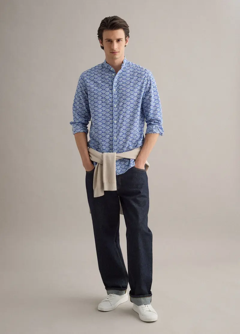 Camicia Multicolor Con Collo Alla Coreana In Puro Cotone Regular Fit, Uomo, Azzurro miniatura 2