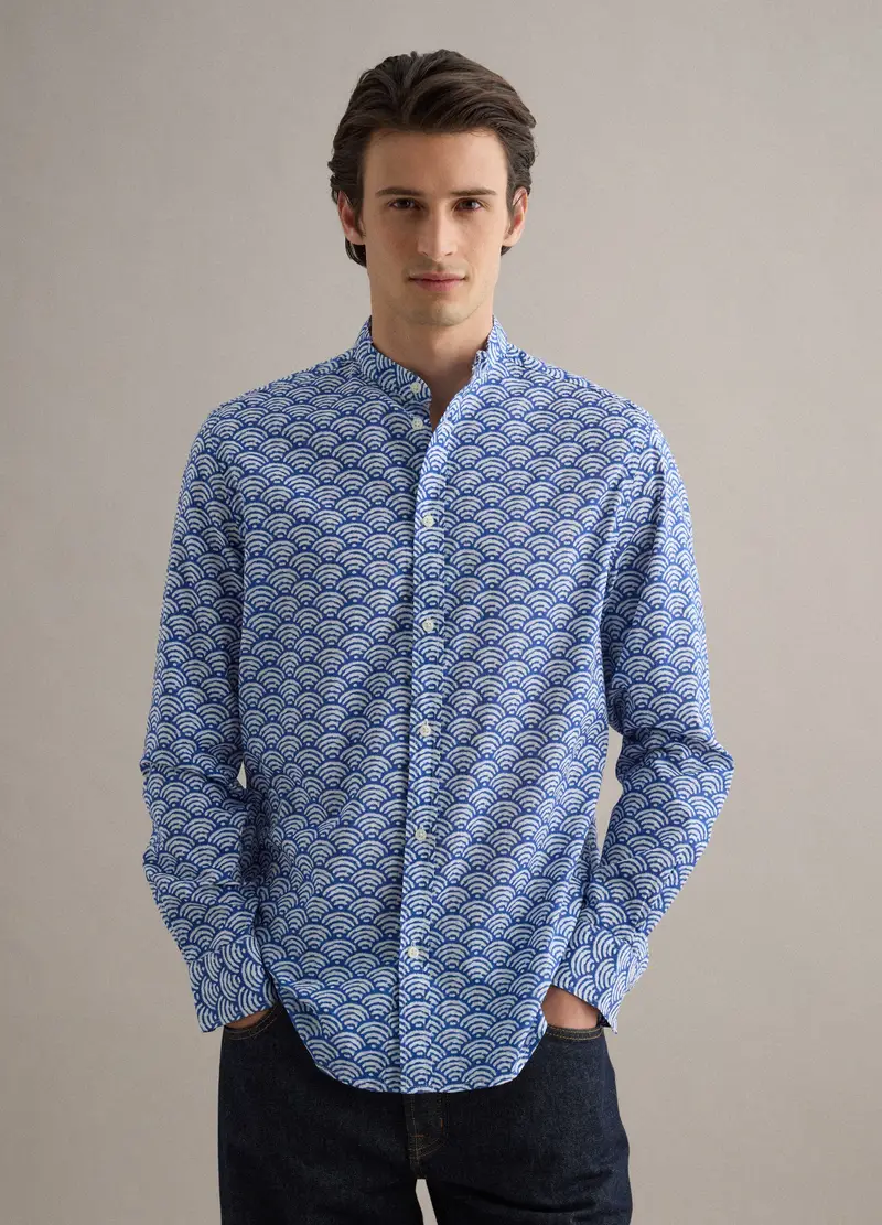 Camicia Multicolor Con Collo Alla Coreana In Puro Cotone Regular Fit, Uomo, Azzurro miniatura 3