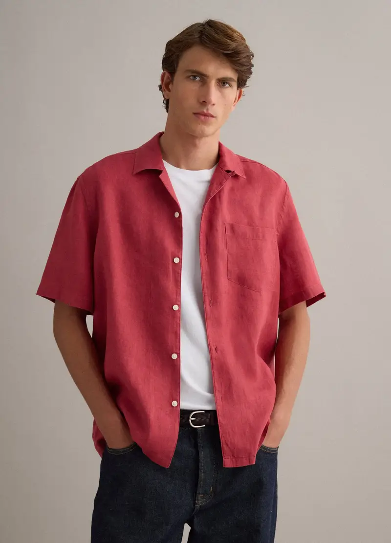 Camicia Rossa Con Collo Bowling In Puro Lino, Uomo, Rosso miniatura 2