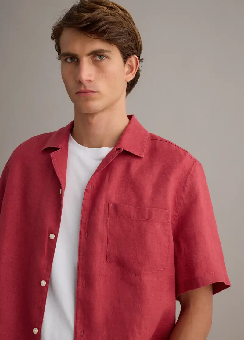 Camicia Rossa Con Collo Bowling In Puro Lino, Uomo, Rosso miniatura 3