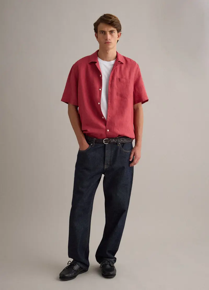 Camicia Rossa Con Collo Bowling In Puro Lino, Uomo, Rosso