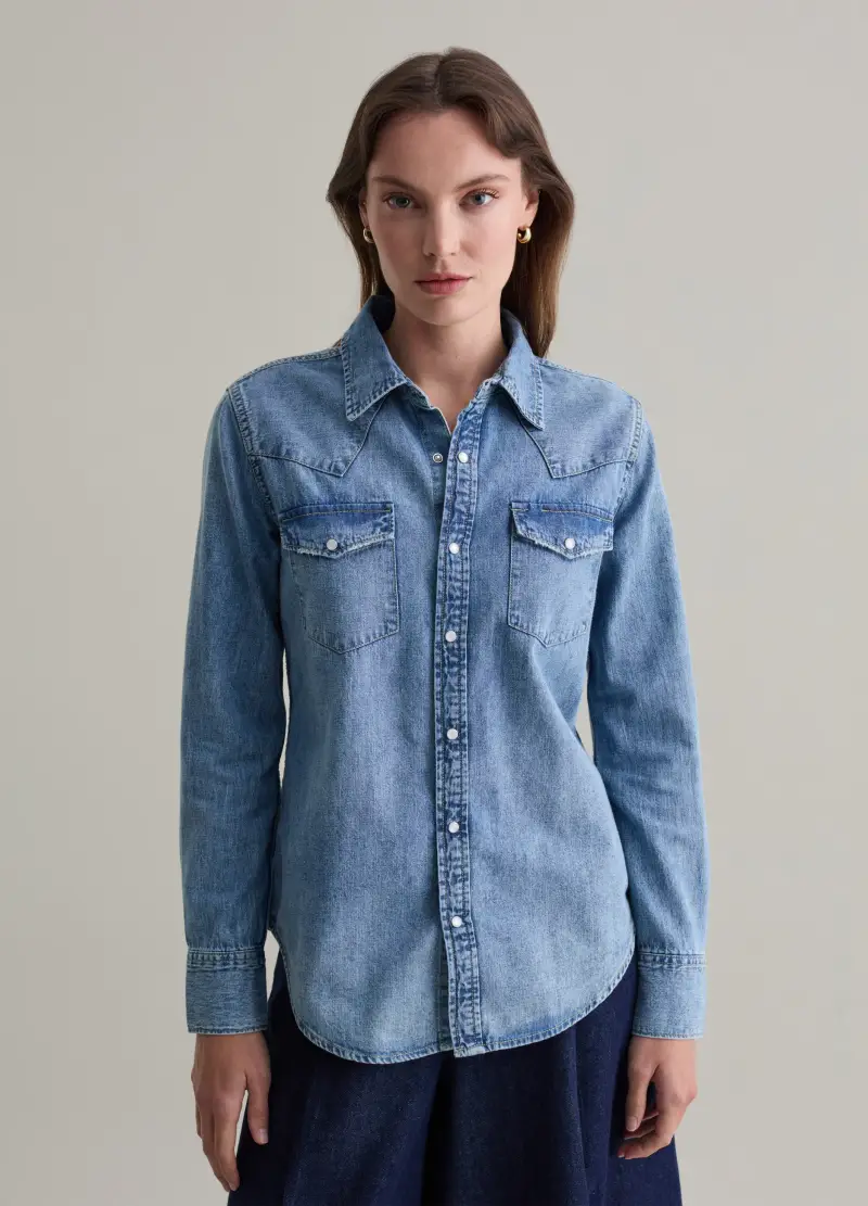Camicia Western In Denim Con Bottoni Perlati, Donna, Denim miniatura 2