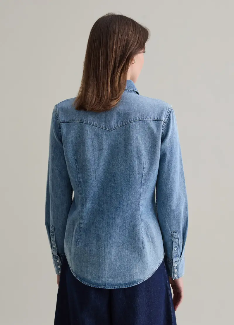 Camicia Western In Denim Con Bottoni Perlati, Donna, Denim miniatura 3