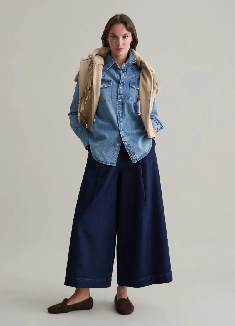 Camicia Western In Denim Con Bottoni Perlati, Donna, Denim