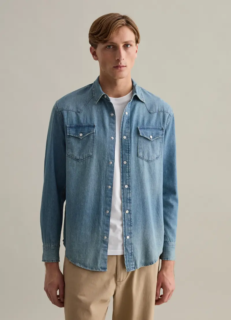 Camicia Western In Denim Con Bottoni Perlati, Uomo, Denim miniatura 2