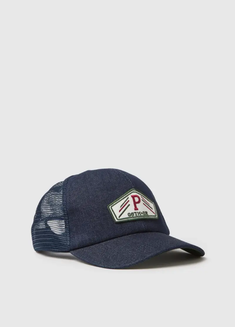 Cappello In Puro Cotone Blu Con Visiera Regolabile E Patch, Uomo, Blu