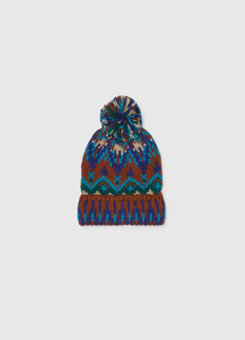 Cappello Multicolor In Jersey Lavorato A Maglia Con Pon Pon, Donna, Multicolor