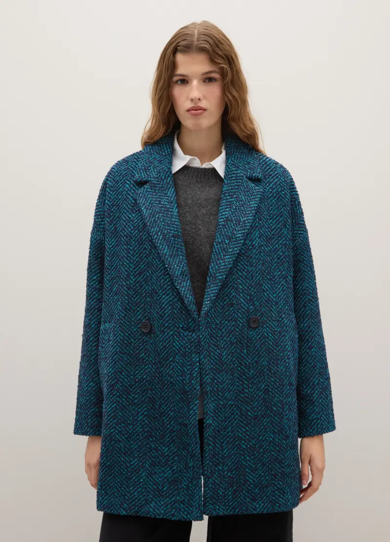Cappotto Doppiopetto Blu Con Motivo Spigato Vestibilità Oversize, Donna, Blu miniatura 2